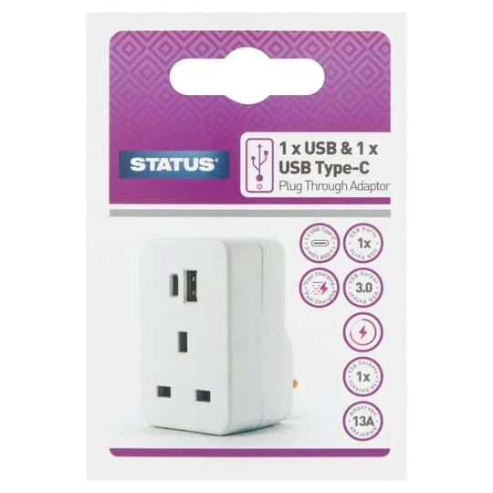 Status 13 AMP USB A + USB C Plug Through Adaptor Single